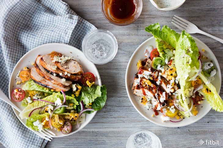 Healthy recipe for BBQ chicken salad with tomatoes and corn.