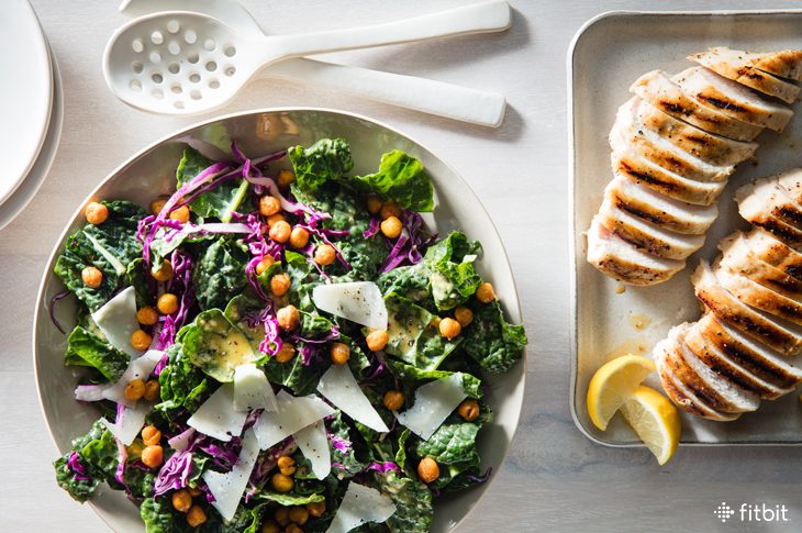 Healthy recipe for kale Caesar salad with grilled chicken and crispy chickpeas.