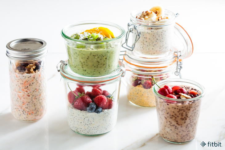 Different flavors of overnight oats in jars. 