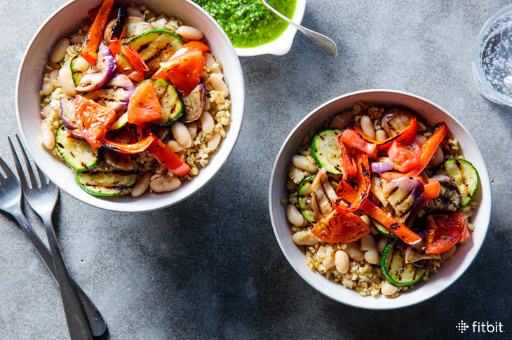 Healthy recipe for ratatouille grain bowls with summer vegetables