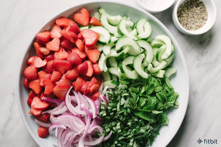 Ingredients for hydrating salads, such as strawberries and cucumbers