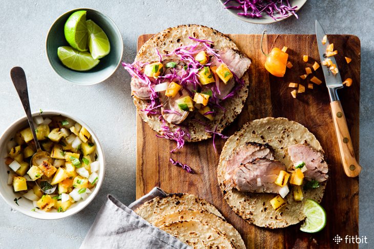 Healthy recipe for grilled pork tacos with pineapple salsa