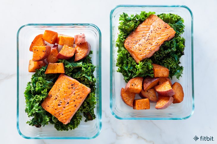 Healthy recipe for seared salmon with sweet potato & kale