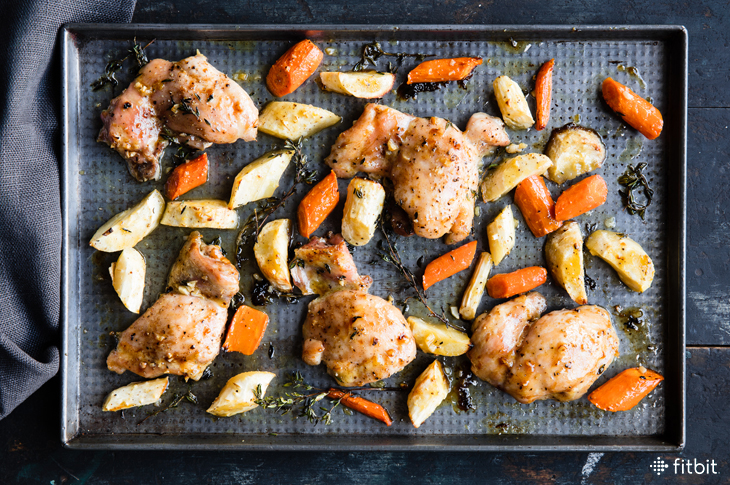 Healthy recipe for sheet-pan chicken with root veggies