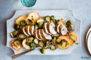 Healthy recipe for roast pork tenderloin with apples and brussels sprouts