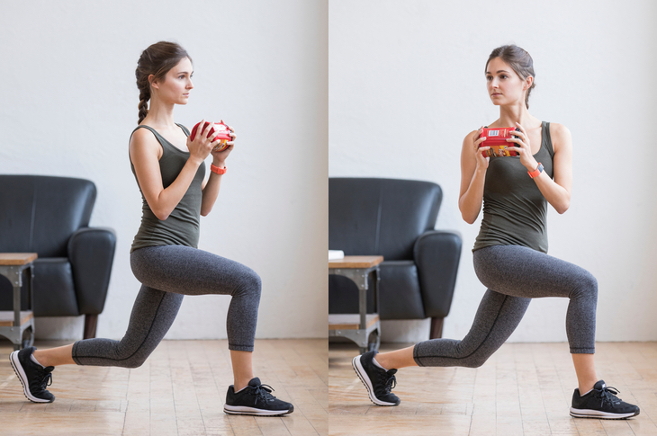 Use household objects to lunge, and then engage your abs with a twist.