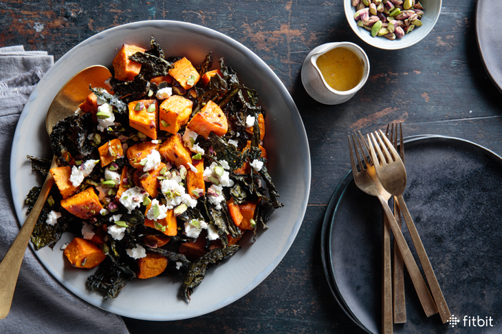 Healthy recipe for a warm kale and sweet potato salad