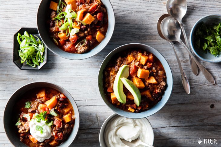 Healthy recipe for bison chili with sweet potato and black beans